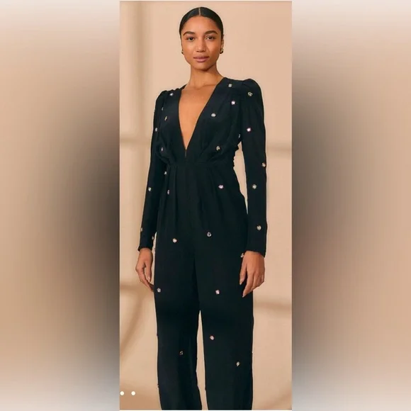 NWT Farm Rio Black Jumpsuit Mirror Embroidered Beaded Details Long Sleeve Large